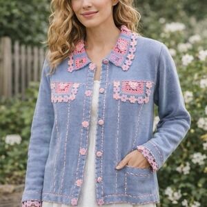 VTG Storybook Knits Crochet Floral Cardigan Sweater Cottagecore Boho Womens L